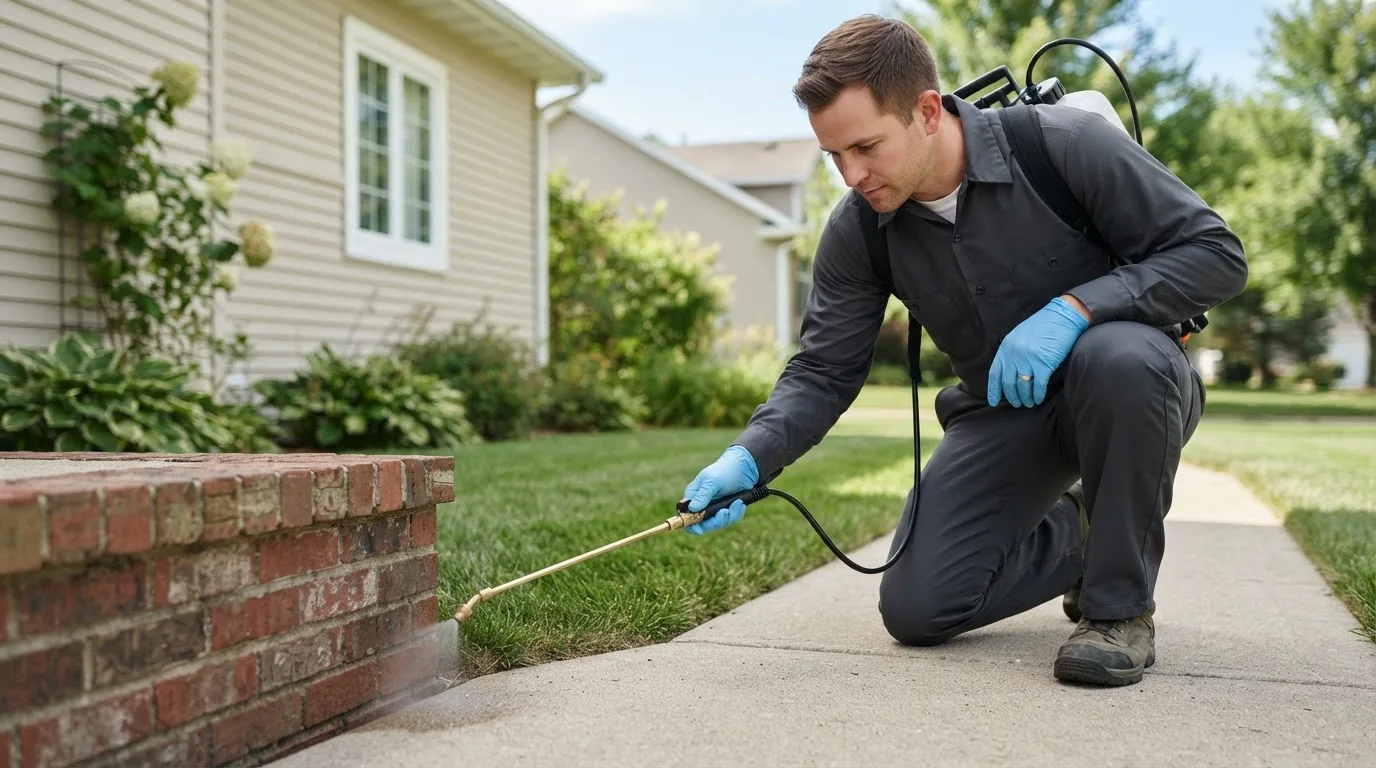Pest control technician treating a home near Rumney, NH
